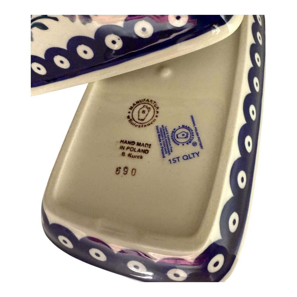 NEW Boleslawiec BUTTER DISH Poland Pottery Peacock Forget Me Not Floral 7.75” - Picture 5 of 9